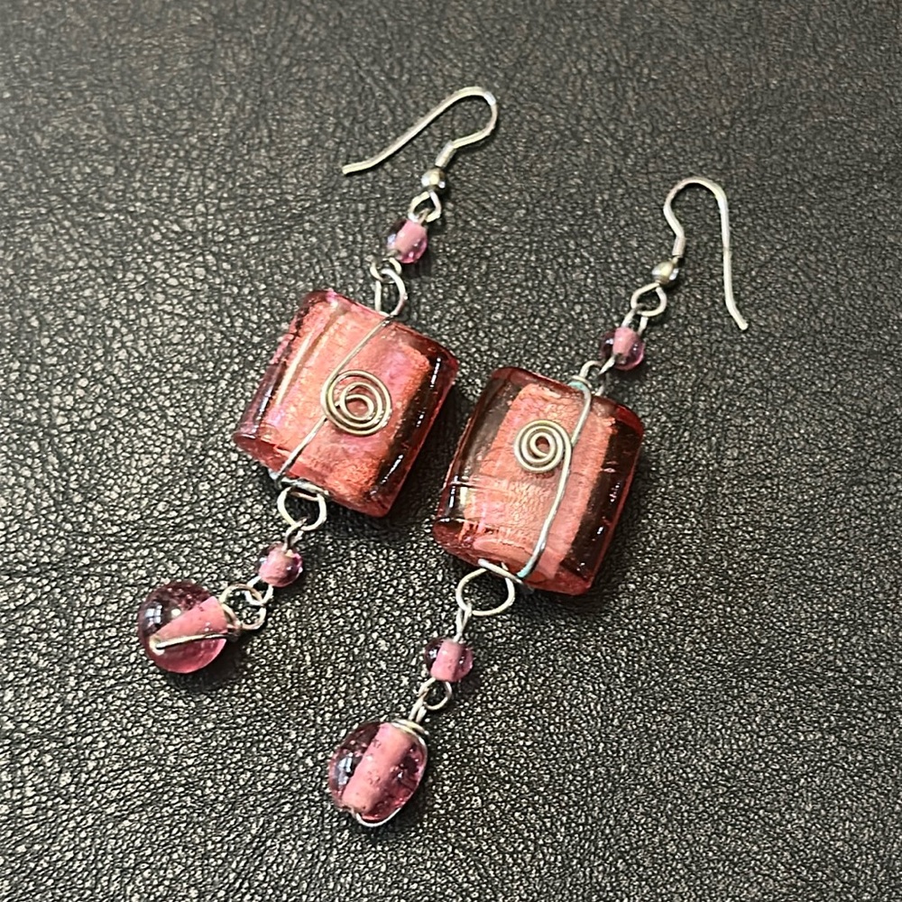 Artisan Pink Glass Dangle Silvertone Earrings